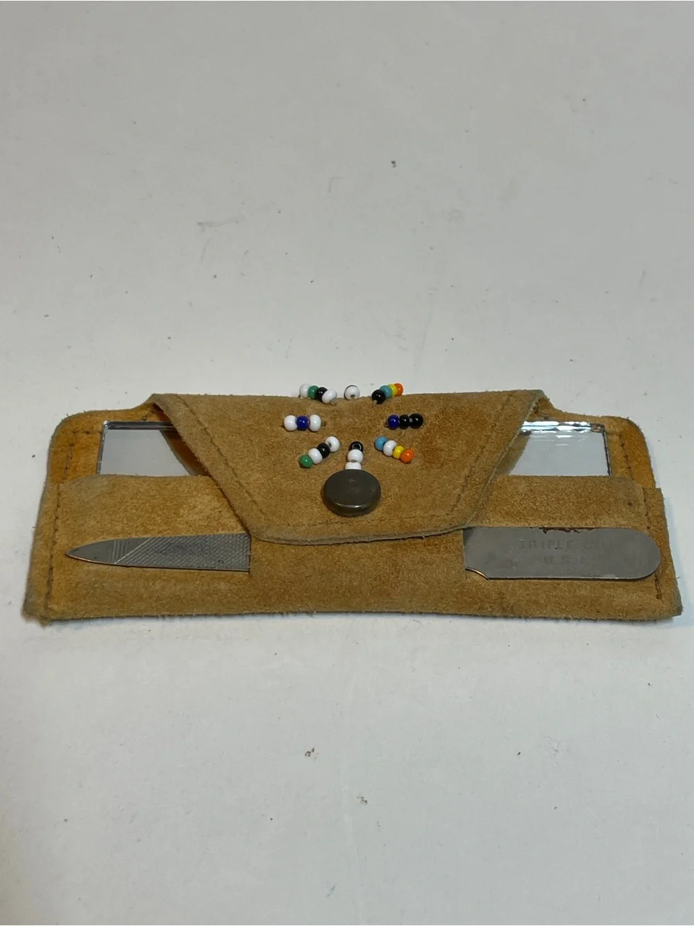Antique Lake Superior Chippewa Beaded Suede Pouch Western, Nail File, Mirror